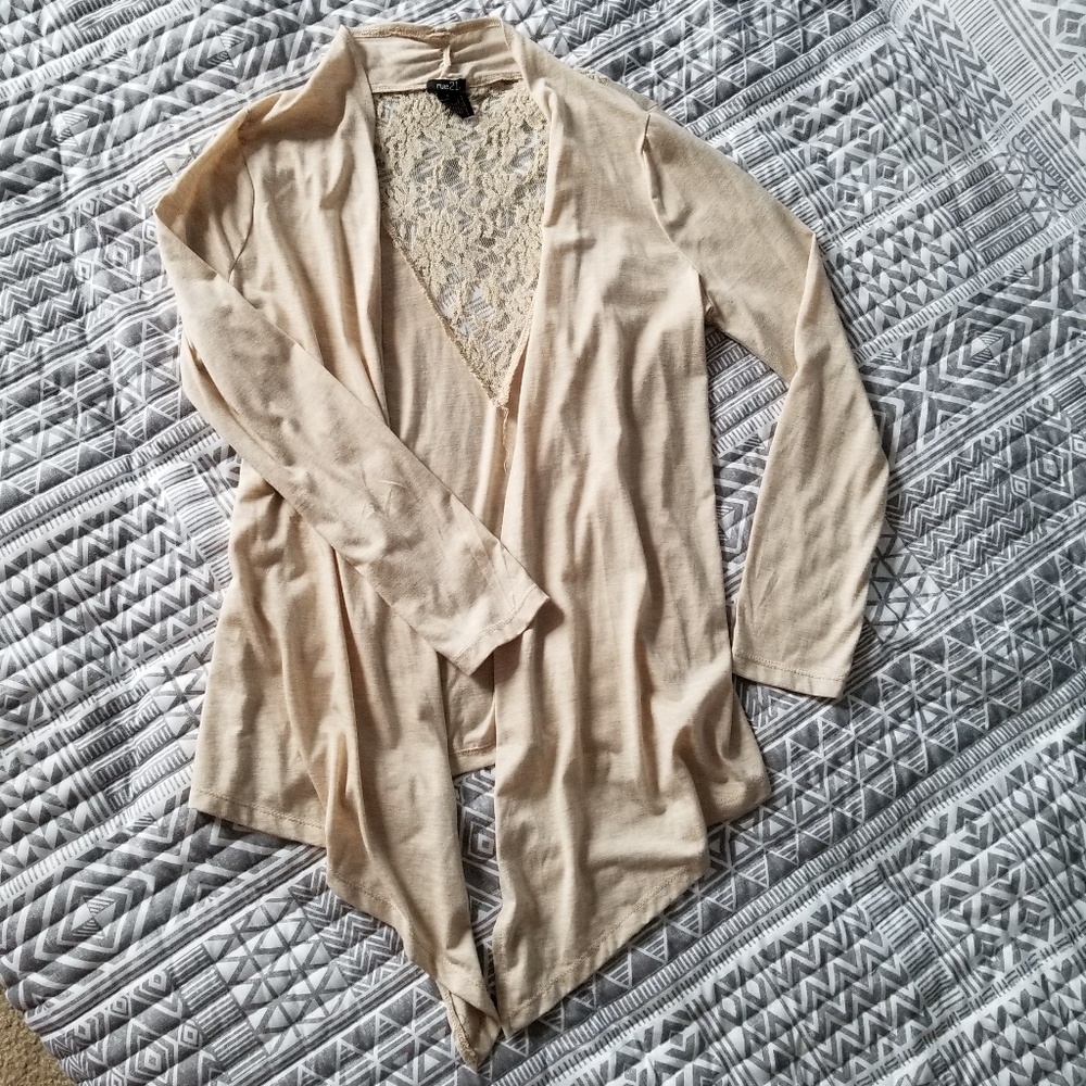 Lace Detail Oatmeal Hi-Low Cardigan